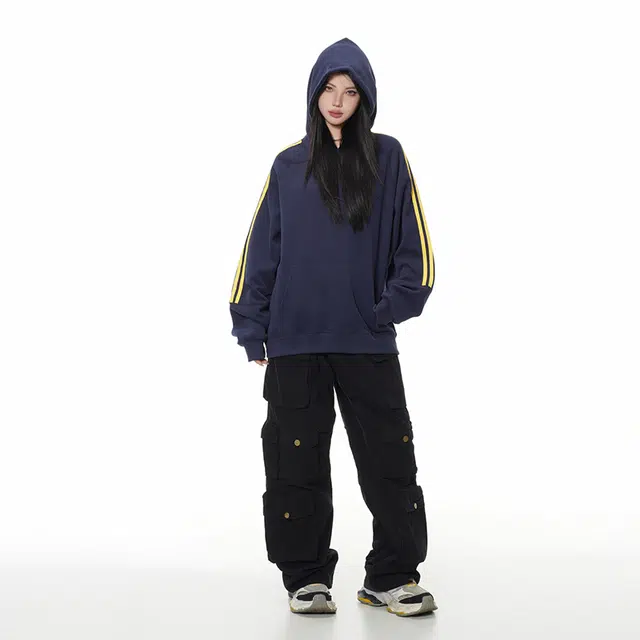 欧迪芬 复古潮牌条纹连帽春秋插肩袖套头外套宽松长袖卫衣 男女同款