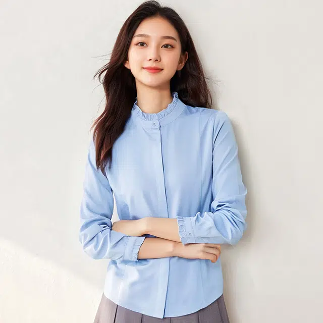 欧迪芬 立领女长袖春秋款韩版内搭气质设计感花边木耳领打底衫职业显瘦白衬衣衬衫 女款