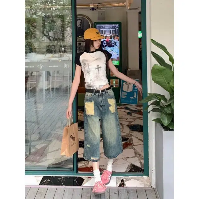 欧迪芬 美式做旧女夏季高腰小个子直筒宽松显瘦七分牛仔裤 女款 复古蓝