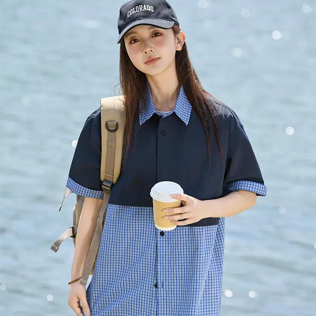 欧迪芬 美式拼接学院风潮牌宽松百搭短袖衬衫 女款