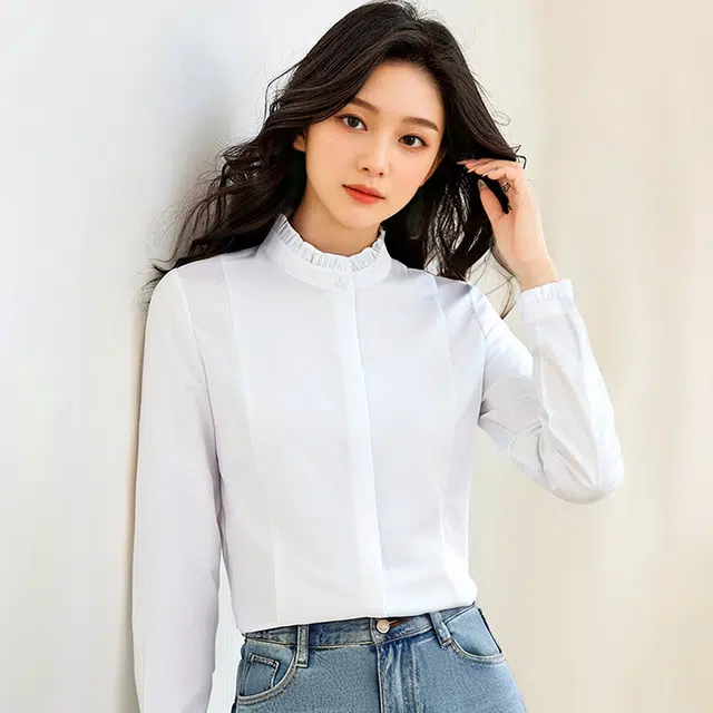 欧迪芬 立领女长袖春秋款韩版内搭气质设计感花边木耳领打底衫职业显瘦白衬衣衬衫 女款