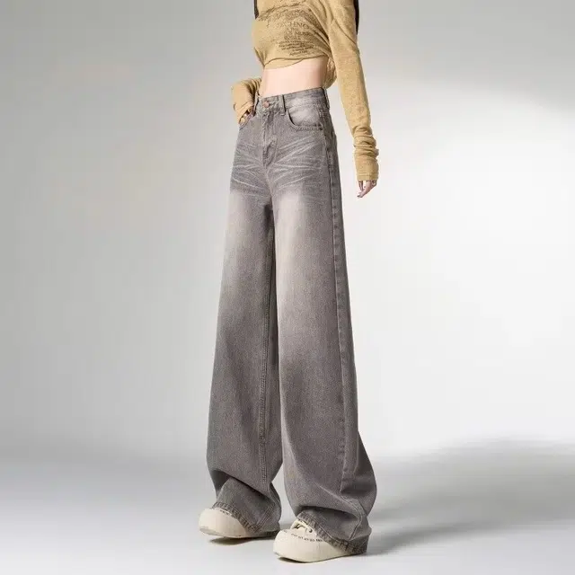 欧迪芬 时尚潮流美式复古高腰阔腿宽松显瘦做旧休闲牛仔裤 女款 灰色