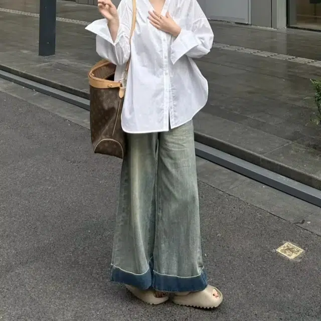 欧迪芬 复古高腰垂感卷边阔腿女夏季宽松显瘦小个子直筒微喇叭裤子牛仔裤 女款 蓝色