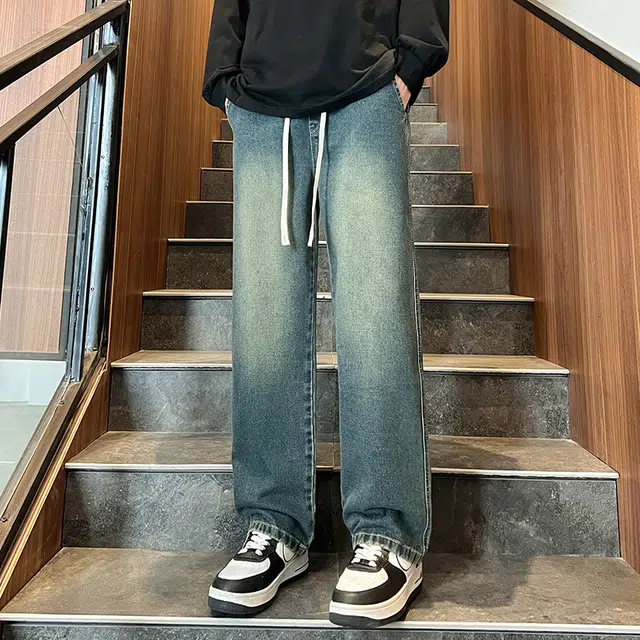 欧迪芬 复古纯色直筒街头废士风水洗做日弹力基础款简约休闲宽松百搭垂坠感潮流单品阔腿经典时尚舒适透气显高高级感牛仔裤 男女同款