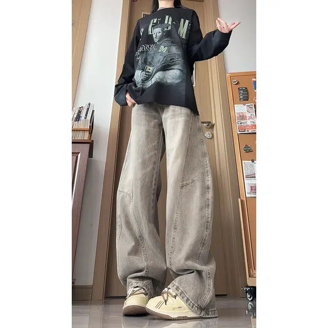 欧迪芬 水洗直筒裤女秋季美式高质量猫须褶皱宽松休闲长裤牛仔裤 女款