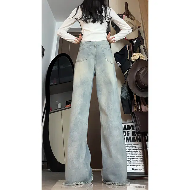欧迪芬  小个子高腰窄版阔腿美式牛仔裤 男女同款