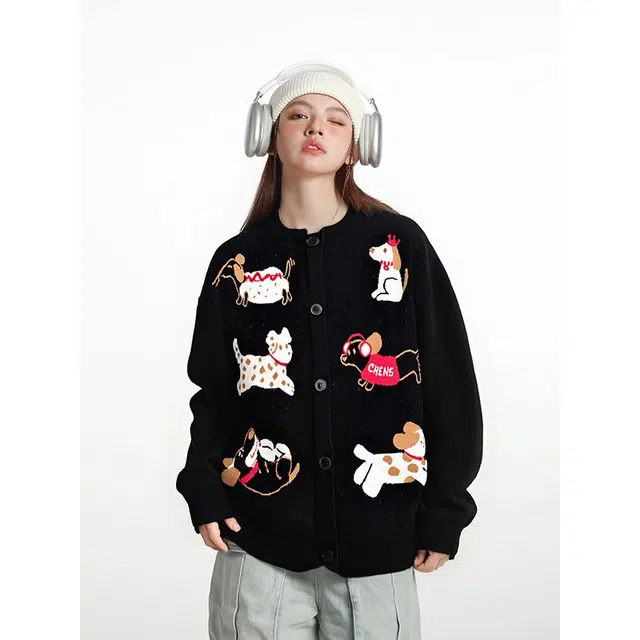 欧迪芬 卡通小狗美式复古刺绣动物常规青春活力风春秋季潮百搭情侣开衫外套毛衣 男女同款