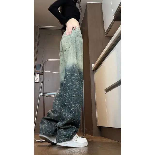 欧迪芬 时尚渐变提花裤女春秋款高腰显瘦休闲百搭宽松阔腿拖地长裤牛仔裤 女款