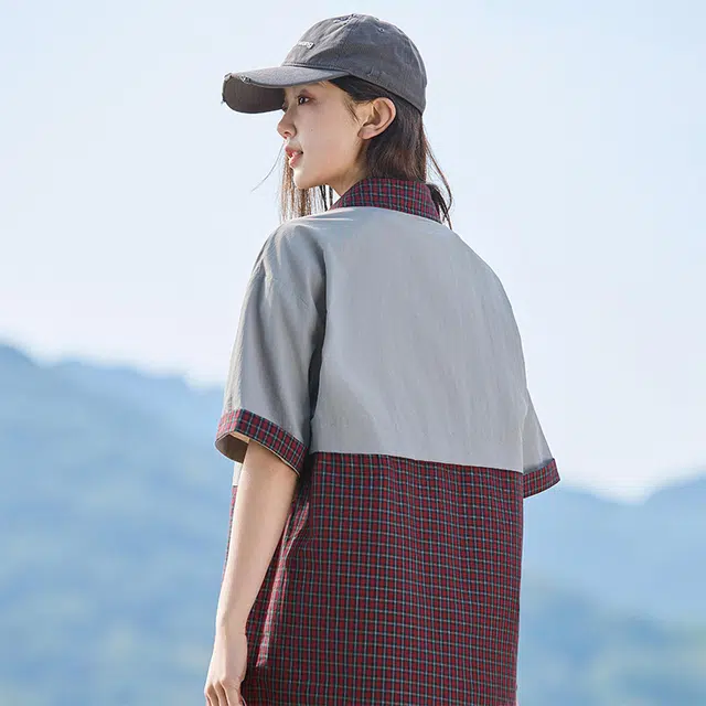 欧迪芬 美式拼接学院风潮牌宽松百搭短袖衬衫 女款