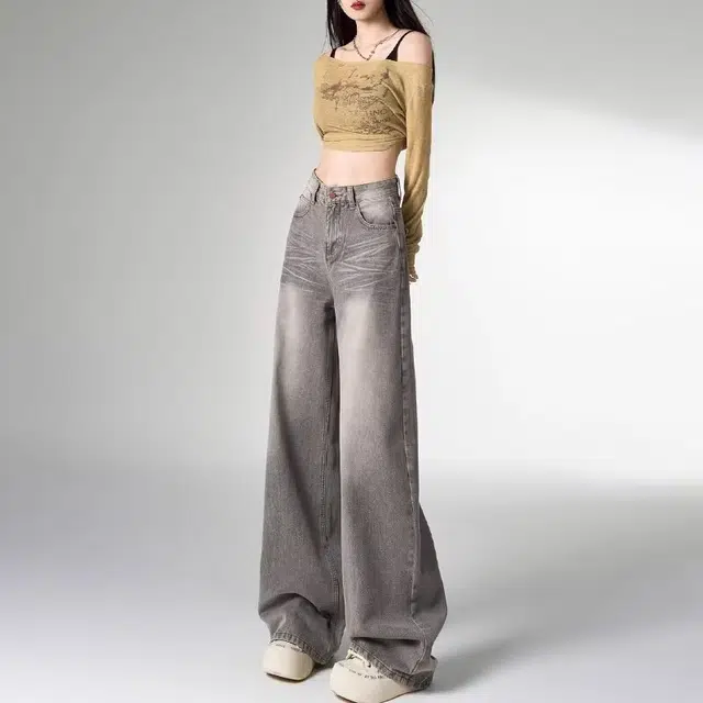欧迪芬 时尚潮流美式复古高腰阔腿宽松显瘦做旧休闲牛仔裤 女款 灰色