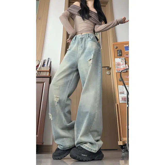 欧迪芬 美式复古破洞秋季小个子直筒宽松显瘦大码阔腿牛仔裤 男女同款