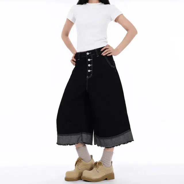 欧迪芬 高腰宽松阔腿九分裤牛仔裤 女款 黑色