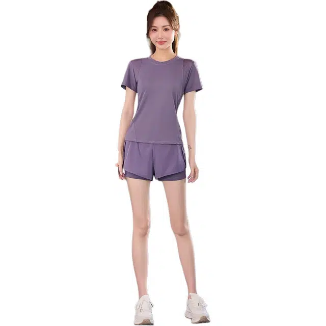欧迪芬  女速干亲肤透气吸汗显瘦修身塑型夏季薄款女运动服两件套纯色圆领短袖上衣假两件安全短裤普拉提健身房跑步爬楼  健身套装  女款