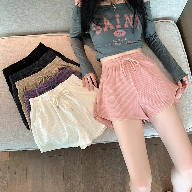欧迪芬 纯色美拉德百搭显瘦肌理弹力高腰宽松圆摆针织休闲短裤 男女同款