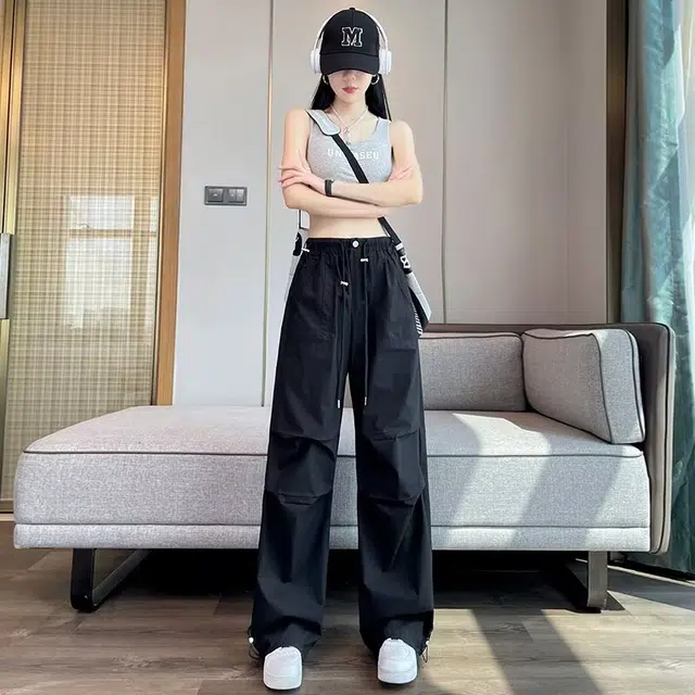 欧迪芬 美式纯色高腰宽松系带简约时尚百搭工装裤 女款