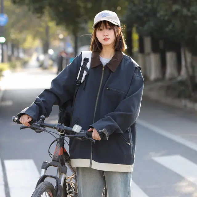 欧迪芬 翻领宽松百搭拉链设计感上衣学生小众情侣休闲夹克外套 男女同款