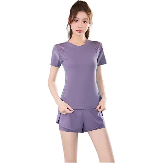欧迪芬  女速干亲肤透气吸汗显瘦修身塑型夏季薄款女运动服两件套纯色圆领短袖上衣假两件安全短裤普拉提健身房跑步爬楼  健身套装  女款