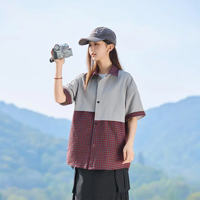 欧迪芬 美式拼接学院风潮牌宽松百搭短袖衬衫 女款