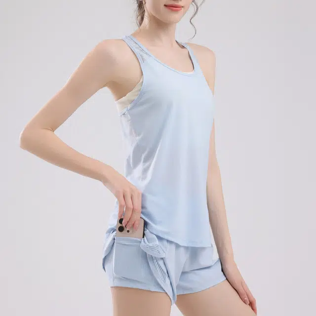 欧迪芬  跑步运动女夏季薄款时尚清爽轻盈修身塑形两件套显瘦防走光短裤速干背心瑜伽上衣罩衫晨跑服  健身套装  女款