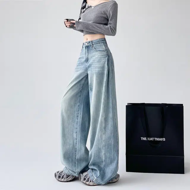 欧迪芬 美式潮流水洗阔腿高腰宽松显瘦设计牛仔裤 女款 蓝色