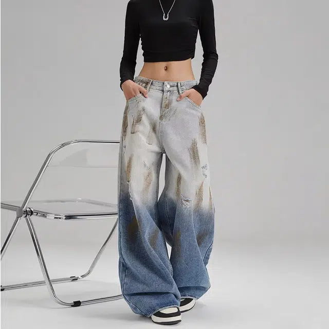 欧迪芬 美式复古宽松简约高腰垂感渐变阔腿裤牛仔裤 男女同款 浅蓝