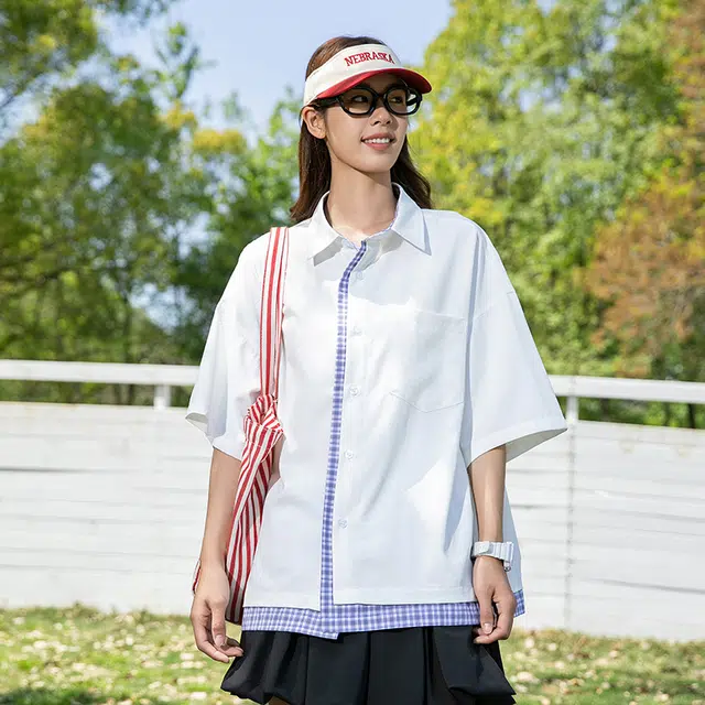 欧迪芬 美式复古简约基础百搭时尚户外运动情侣款上衣宽松透气舒适衬衫 女款