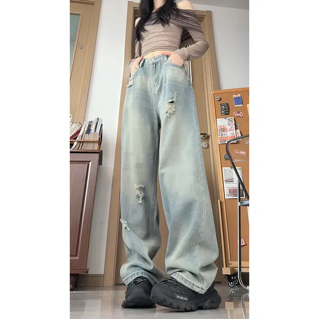 欧迪芬 美式复古破洞秋季小个子直筒宽松显瘦大码阔腿牛仔裤 男女同款