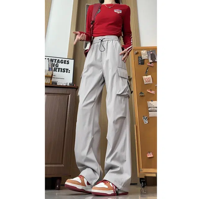 欧迪芬 情侣款直筒口袋松紧腰宽松阔腿休闲速干工装裤 男女同款