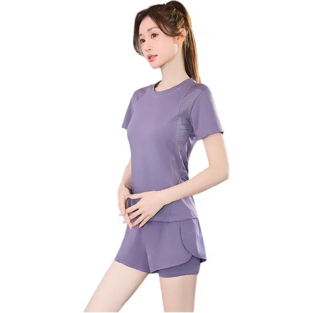 欧迪芬  女速干亲肤透气吸汗显瘦修身塑型夏季薄款女运动服两件套纯色圆领短袖上衣假两件安全短裤普拉提健身房跑步爬楼  健身套装  女款
