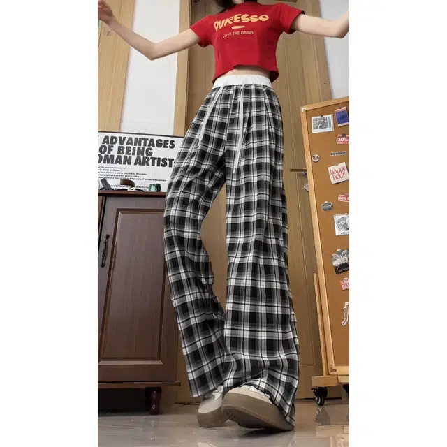 欧迪芬 格子高腰垂感宽松直筒休闲裤 女款