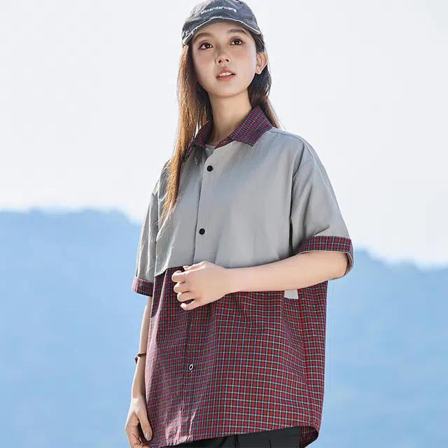 欧迪芬 美式拼接学院风潮牌宽松百搭短袖衬衫 女款