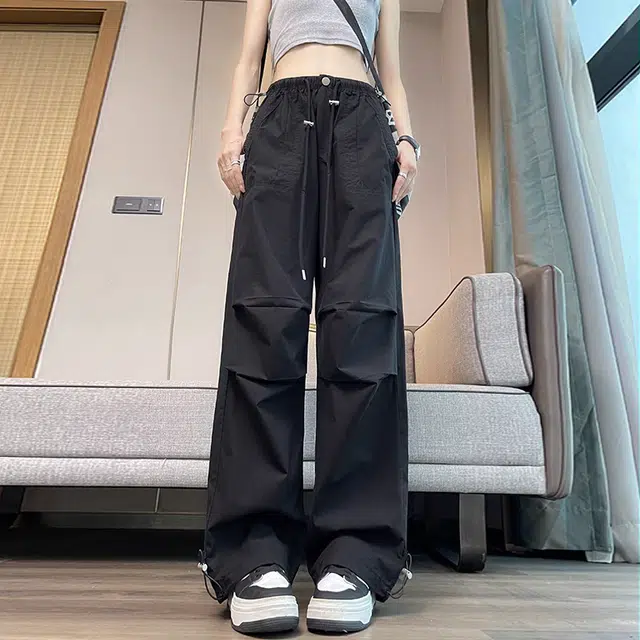 欧迪芬 美式纯色高腰宽松系带简约时尚百搭工装裤 女款