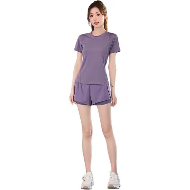 欧迪芬  女速干亲肤透气吸汗显瘦修身塑型夏季薄款女运动服两件套纯色圆领短袖上衣假两件安全短裤普拉提健身房跑步爬楼  健身套装  女款