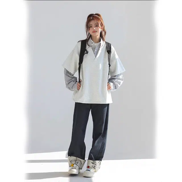 欧迪芬 美式复古高级简约纯色格子假两件学院风宽松长袖翻领卫衣 女款