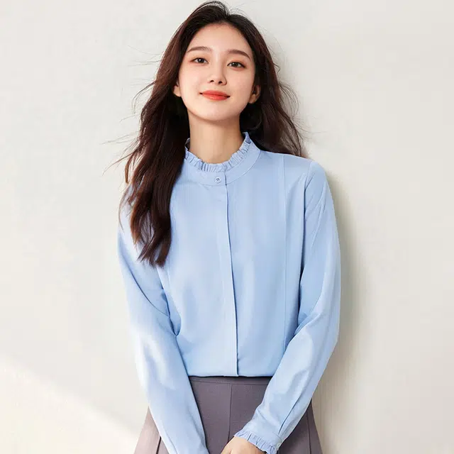 欧迪芬 立领女长袖春秋款韩版内搭气质设计感花边木耳领打底衫职业显瘦白衬衣衬衫 女款
