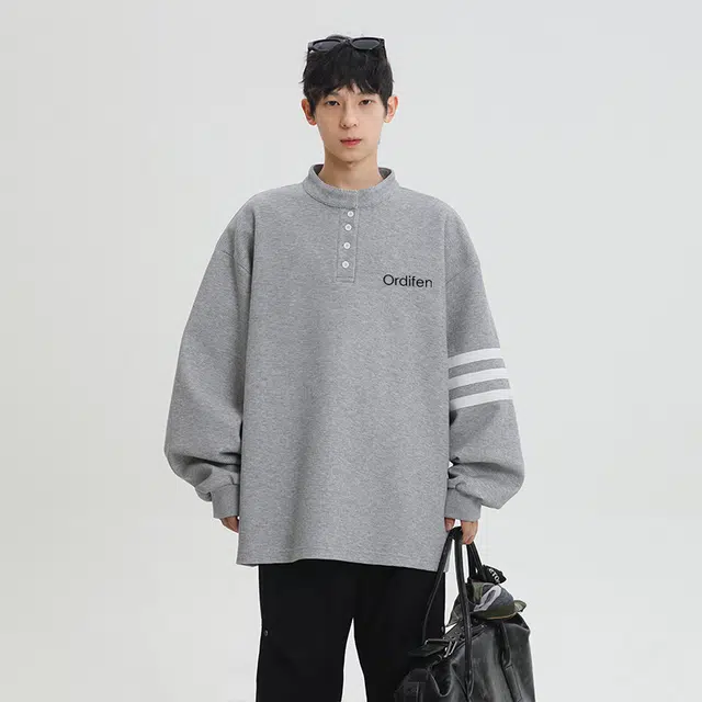 欧迪芬 撞色条纹潮流高级感简约半开襟设计慵懒风休闲宽松吸湿排汗舒荫适百搭通勤显高印花时尚高街无性别主义长袖卫衣 男女同款