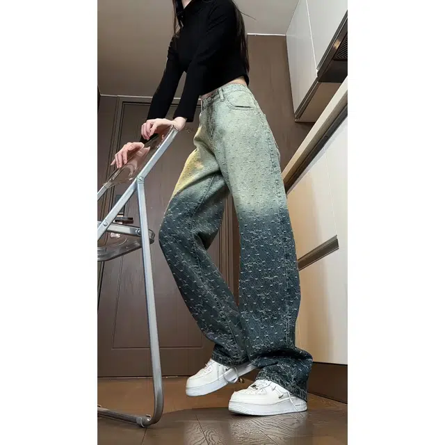 欧迪芬 时尚渐变提花裤女春秋款高腰显瘦休闲百搭宽松阔腿拖地长裤牛仔裤 女款