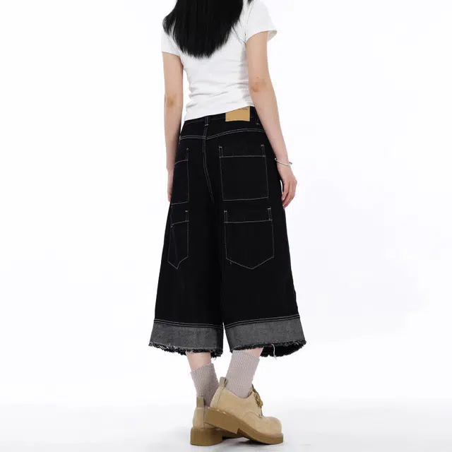 欧迪芬 高腰宽松阔腿九分裤牛仔裤 女款 黑色