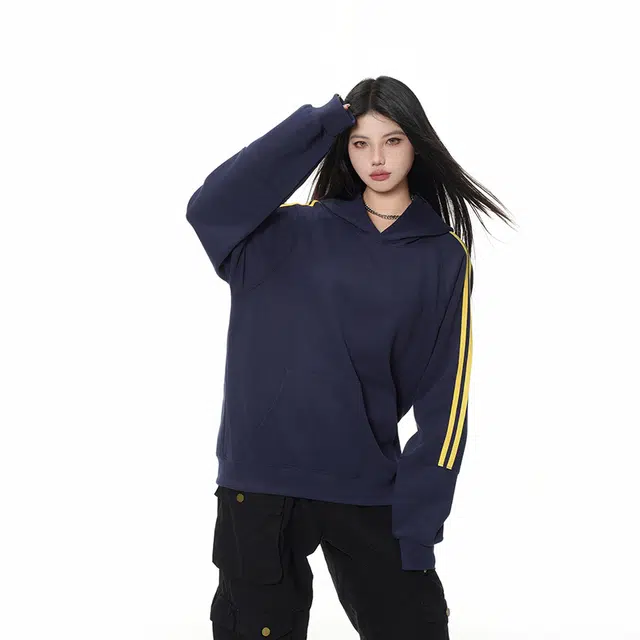 欧迪芬 复古潮牌条纹连帽春秋插肩袖套头外套宽松长袖卫衣 男女同款