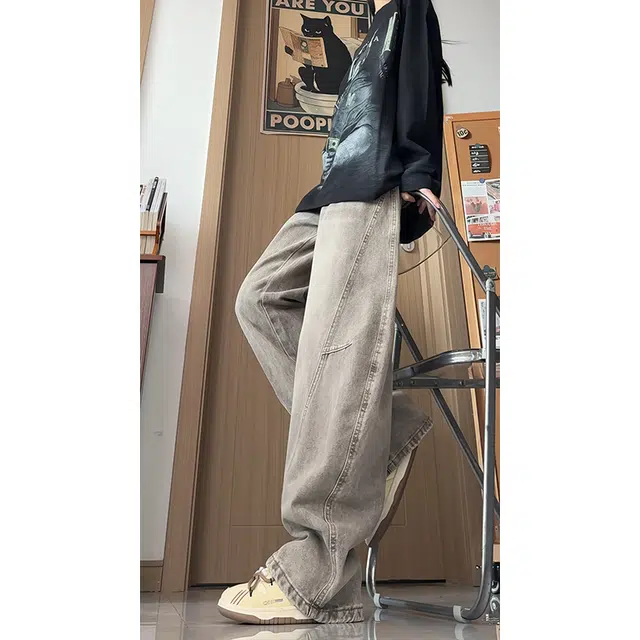 欧迪芬 水洗直筒裤女秋季美式高质量猫须褶皱宽松休闲长裤牛仔裤 女款
