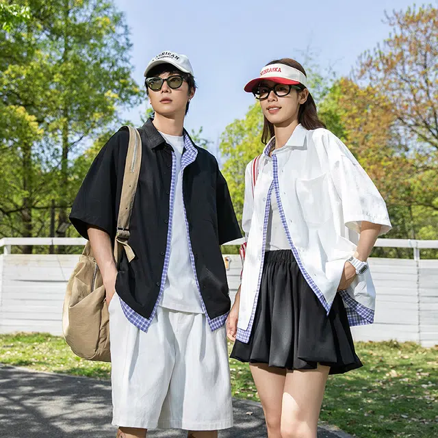 欧迪芬 美式复古简约基础百搭时尚户外运动情侣款上衣宽松透气舒适衬衫 女款