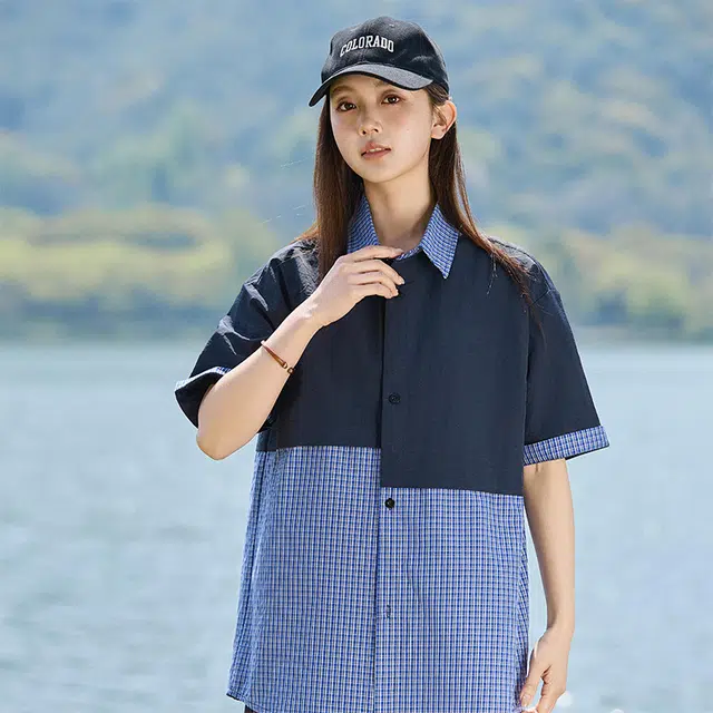 欧迪芬 美式拼接学院风潮牌宽松百搭短袖衬衫 女款