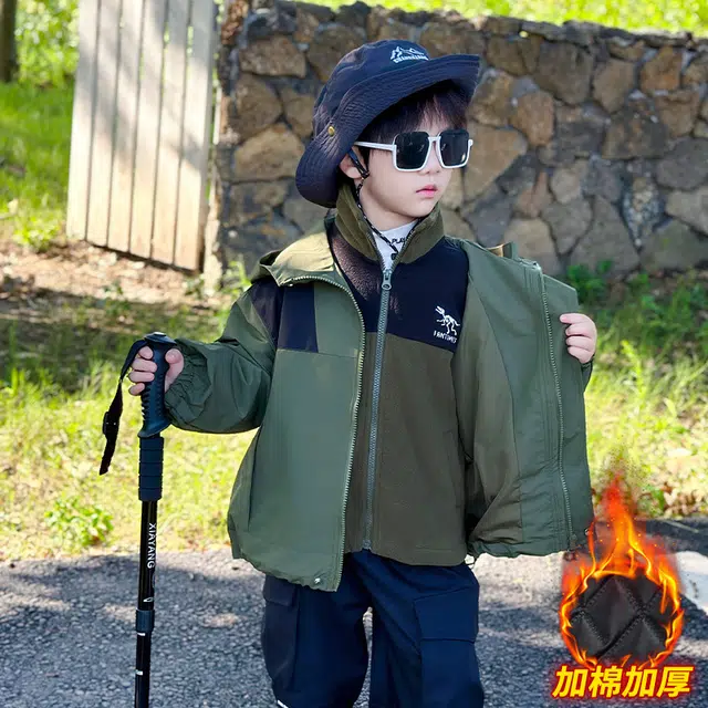 蓝彩何休闲运动套装 儿童装男童冲锋衣三合一可拆卸春秋款加绒夹棉外套男孩宝宝秋冬装