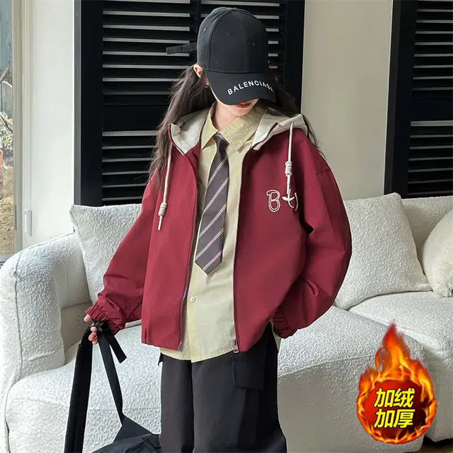 蓝彩何上装 女童秋冬款韩版休闲加绒加厚冲锋衣连帽外套中大童洋气儿童秋装潮
