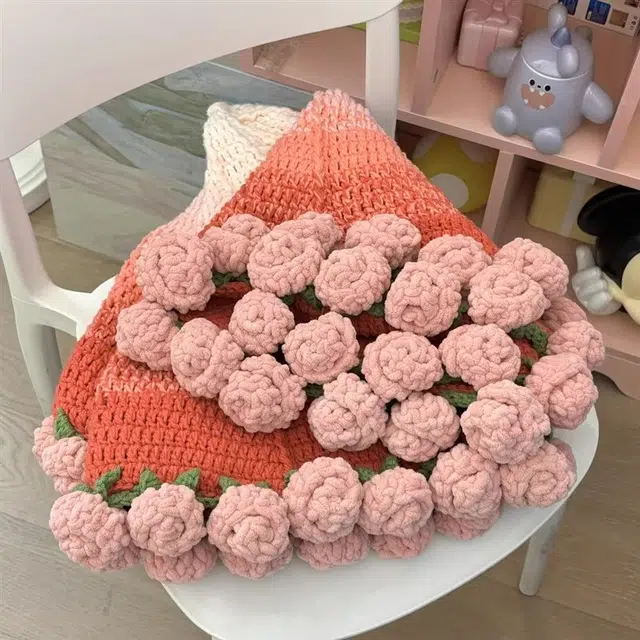 礼莎 渐变粉色玫瑰花束毯子 毛线钩针织 手工制作