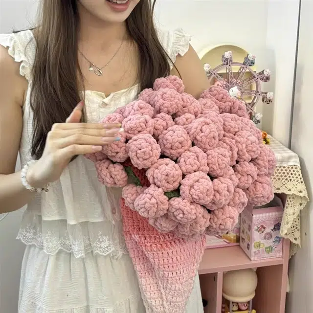 礼莎 渐变粉色玫瑰花束毯子 毛线钩针织 手工制作