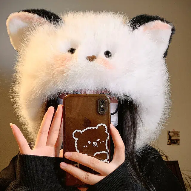 礼莎 卡通可爱猫耳朵毛绒帽子 秋冬季加绒加厚 保暖防寒护耳雷锋帽 拍照出片显脸小神器 玩偶周边