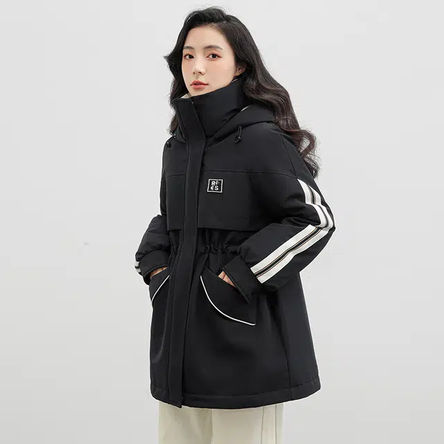 鸭鸭 纯色连帽通勤时尚收腰拉链长袖羽绒服 女款