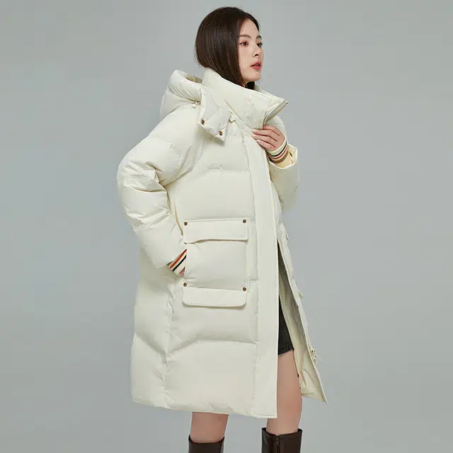 鸭鸭 纯色连帽拉链加厚休闲长袖羽绒服 女款