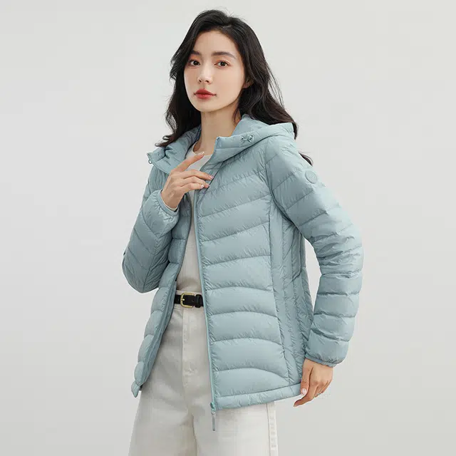 鸭鸭 薄款纯色百搭连帽长袖羽绒服 女款